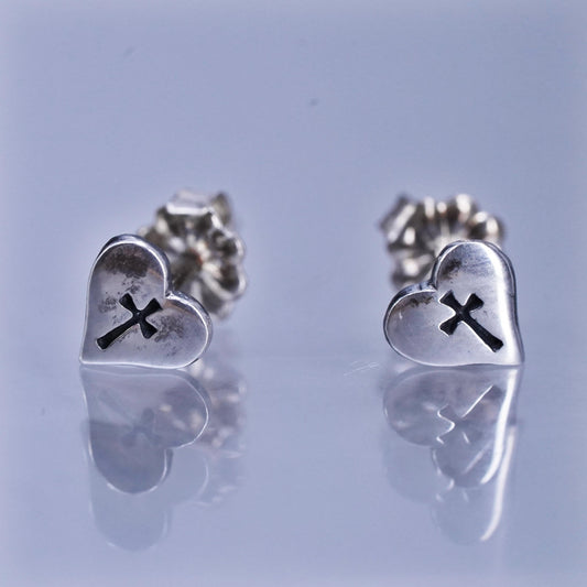 Vintage Sterling 925 silver handmade heart earrings, studs with cross embossed