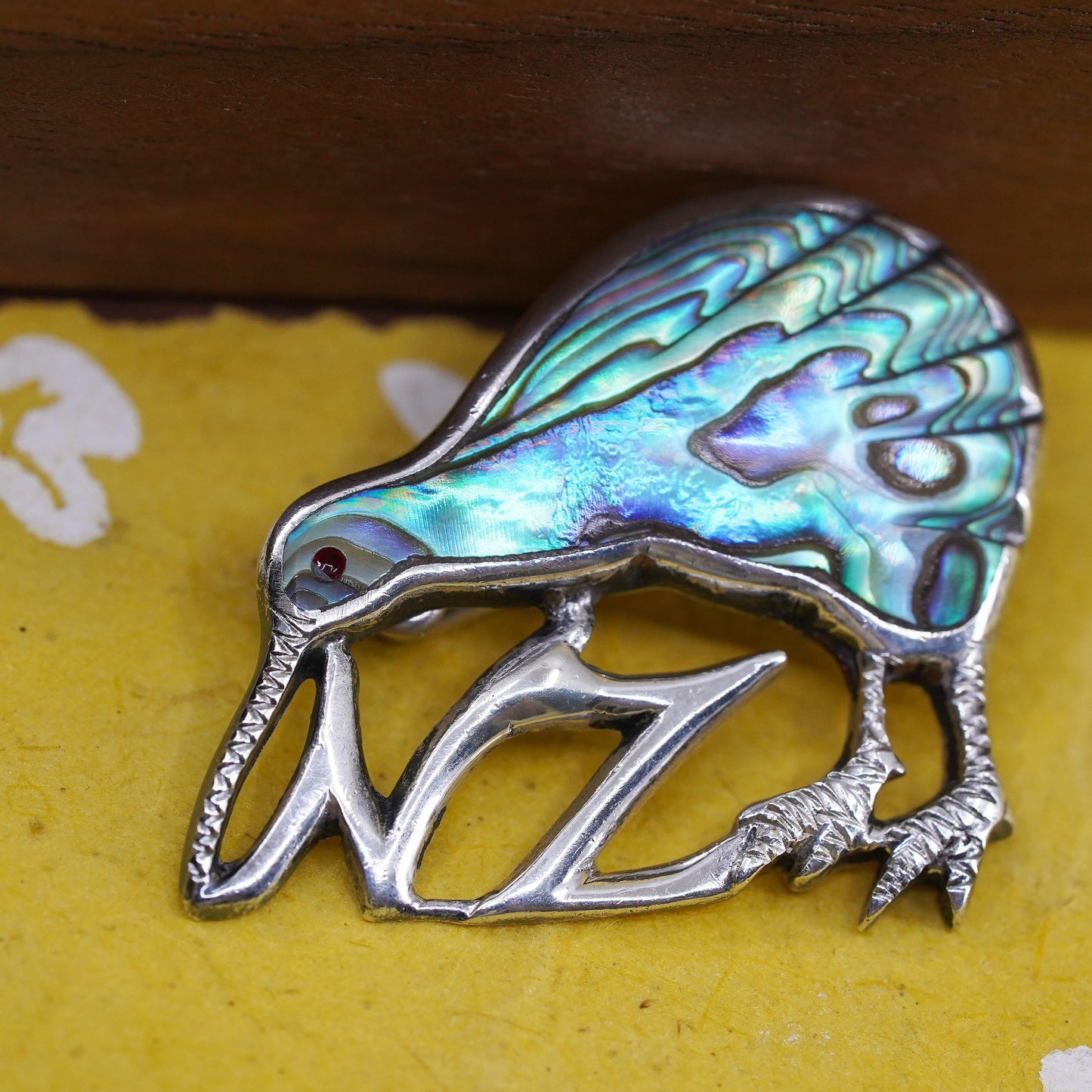 antique southwestern sterling 925 silver kiwi bird brooch with abalone inlay