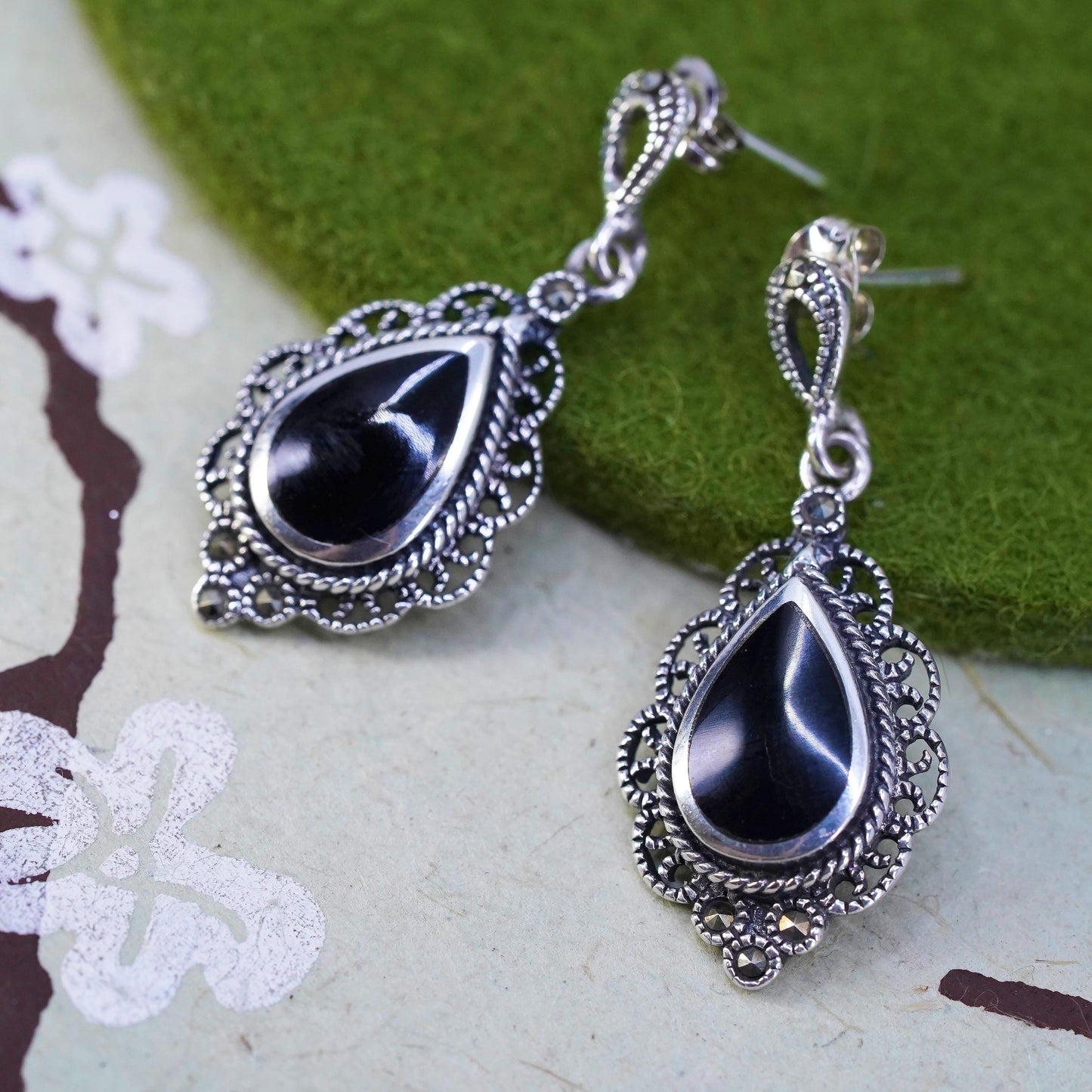 sterling 925 silver earrings, teardrop black onyx and marcasite, southwestern