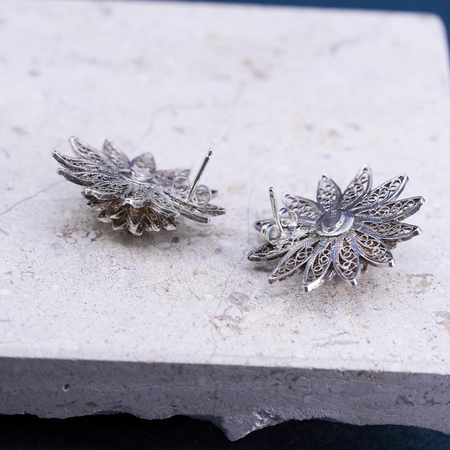 Vintage sterling silver handmade earrings, 925 filigree flower studs