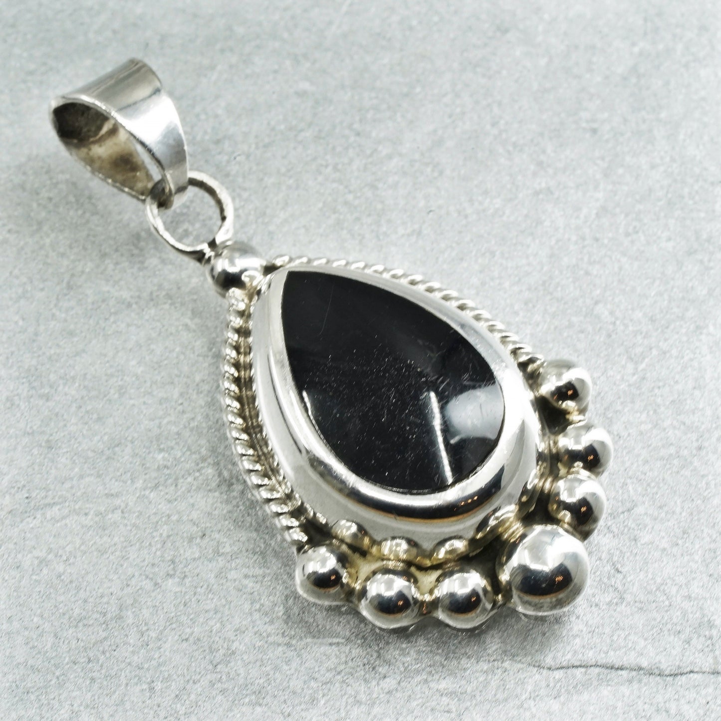 Vintage Sterling silver handmade charm, 925 teardrop pendant with onyx inlay