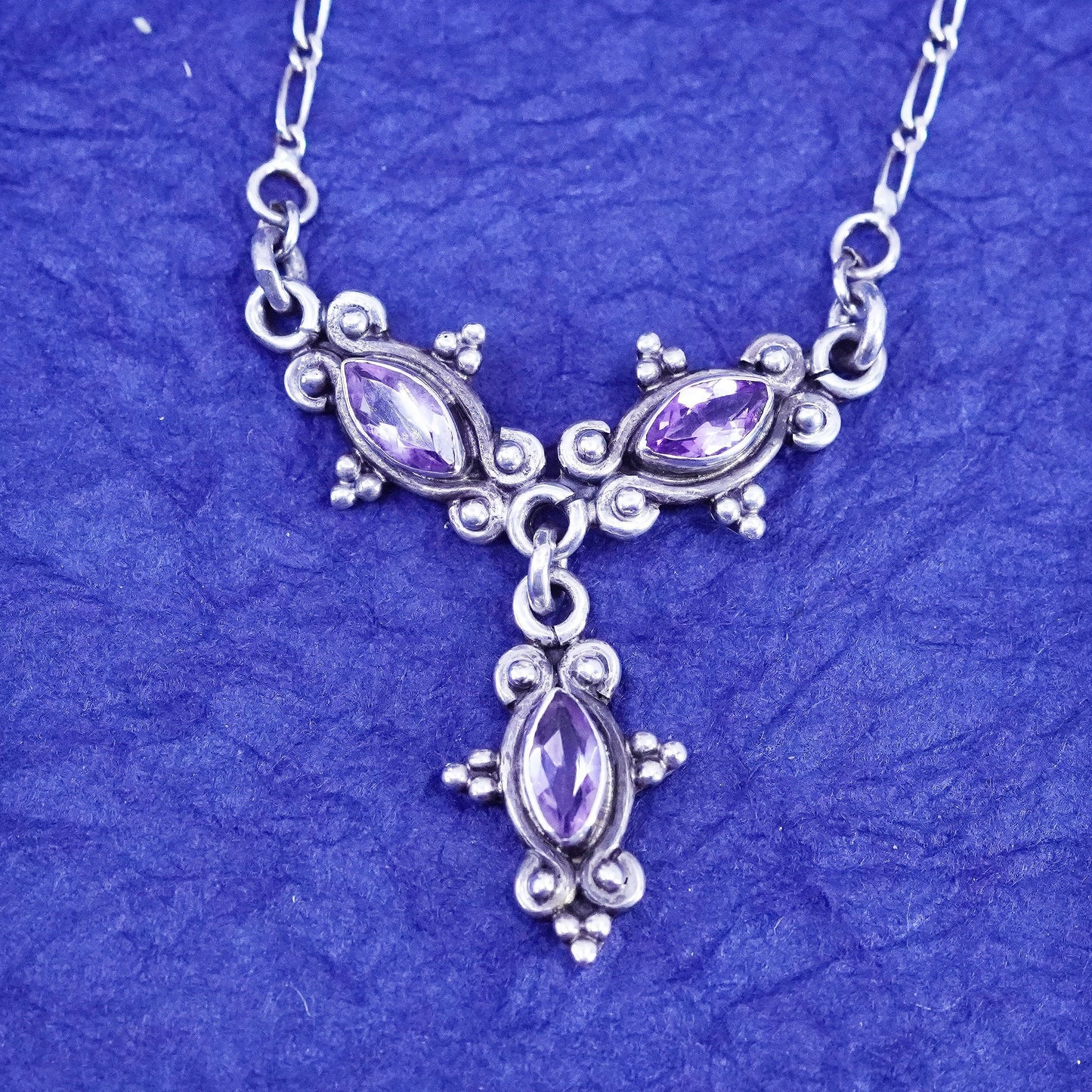 16”, Sterling silver handmade necklace, 925 figure chain amethyst pendant beads