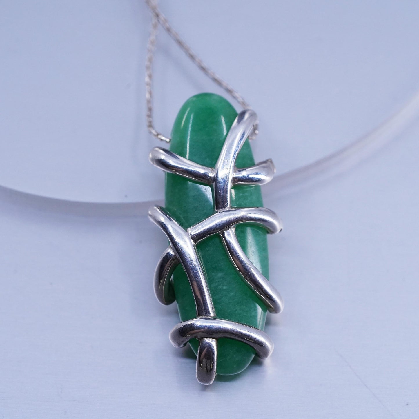 18”, vintage Angela Commings Sterling 925 silver snake necklace Jadeite pendant