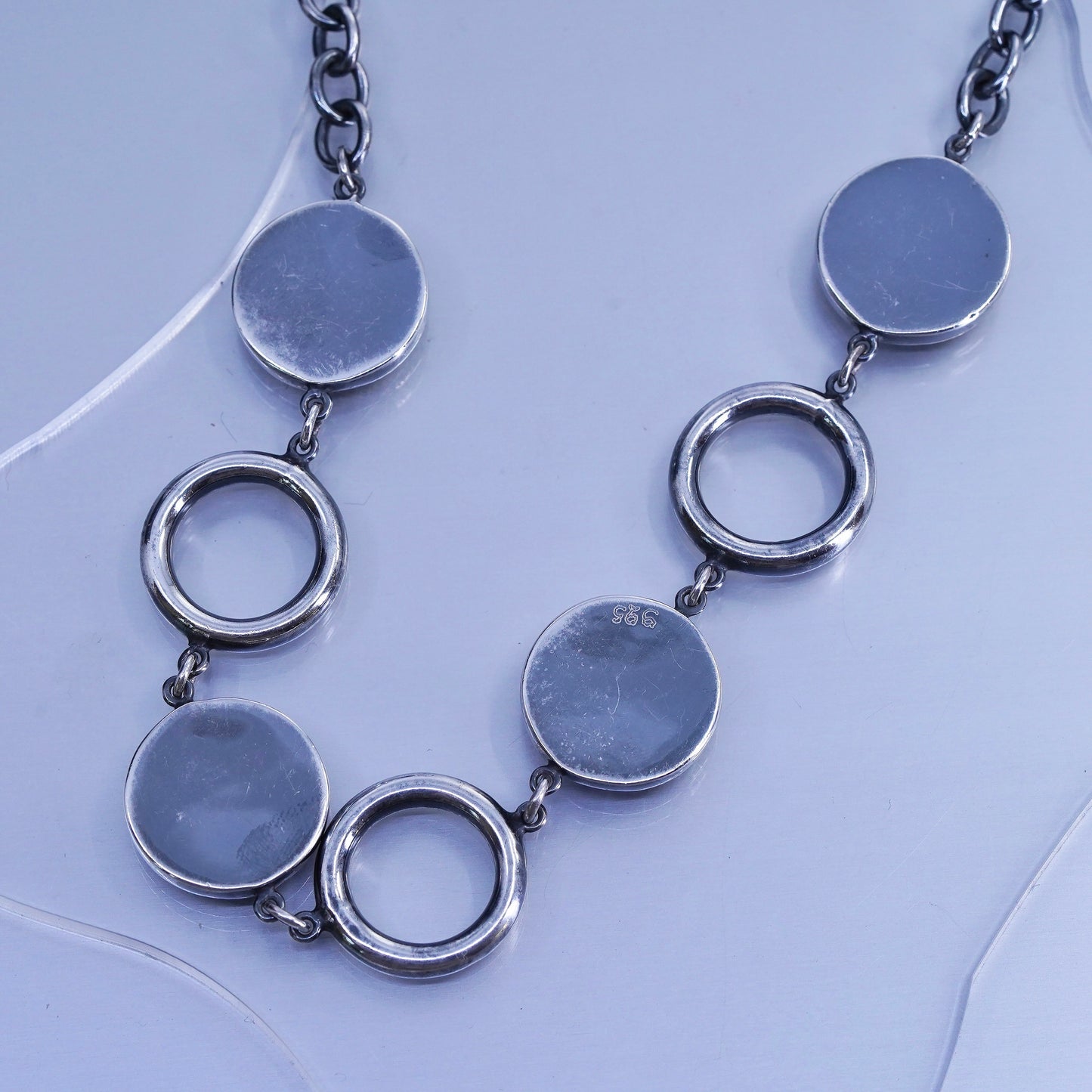 18” 8mm, vintage Sterling 925 silver circle necklace w/ textured circle pendant