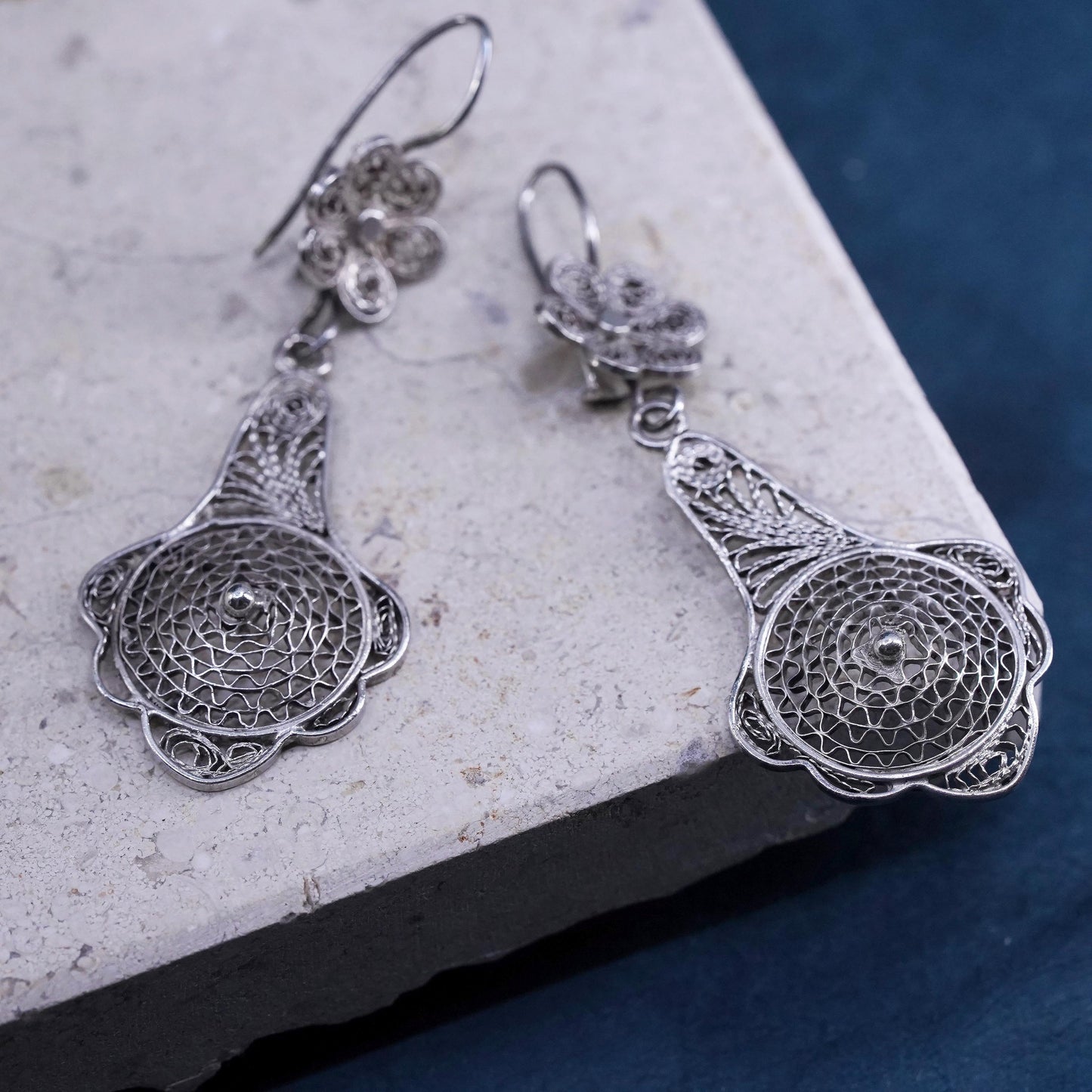 Vintage sterling silver handmade earrings, 925 filigree flower teardrop dangles