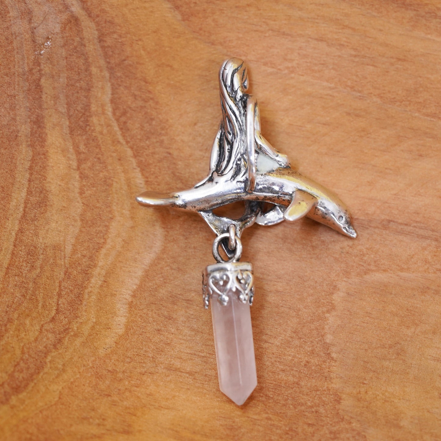 sterling 925 silver healing rose pink quartz crystal pendant mermaid dolphin