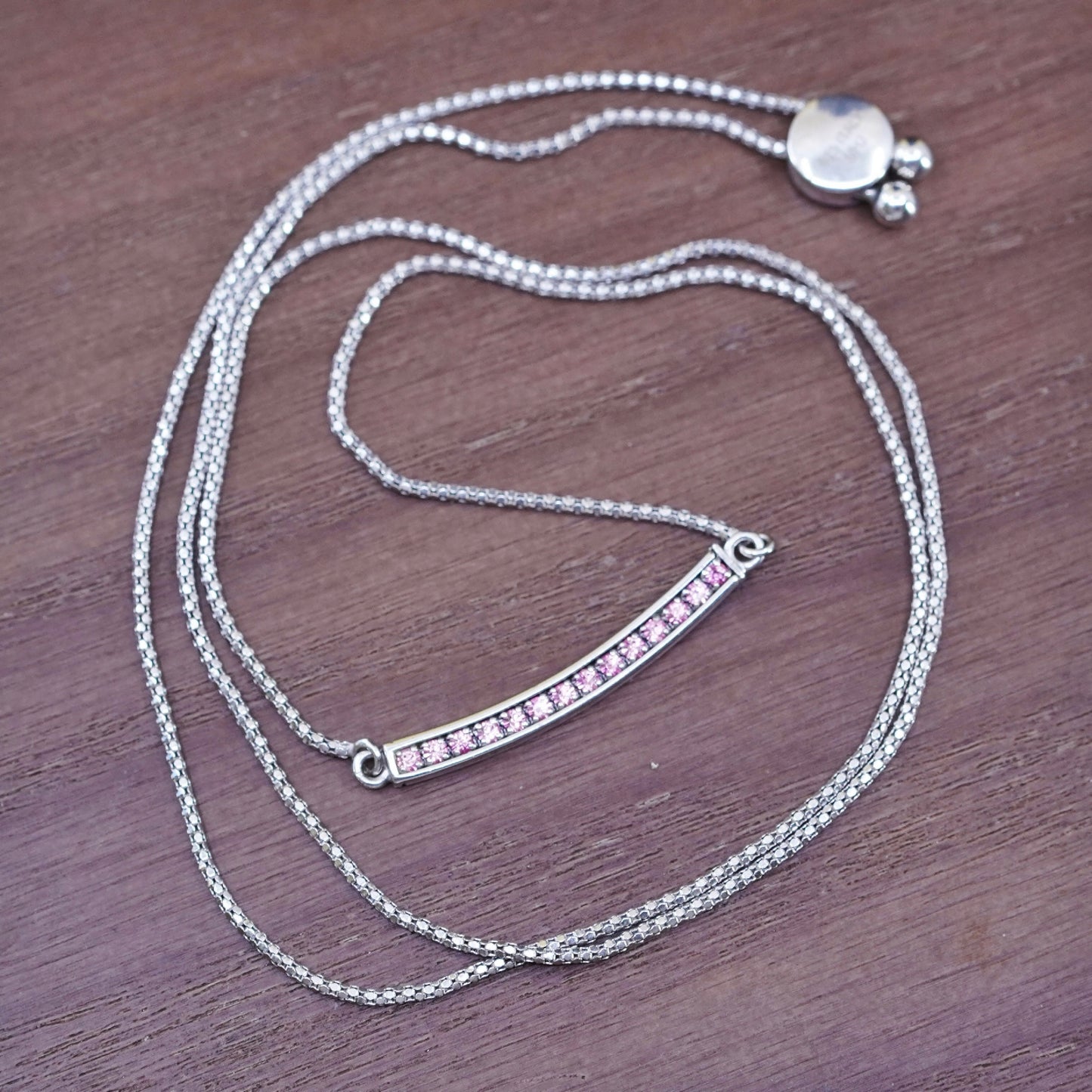 Size adjustable, Sterling 925 silver necklace popcorn chain crystal bar pendant