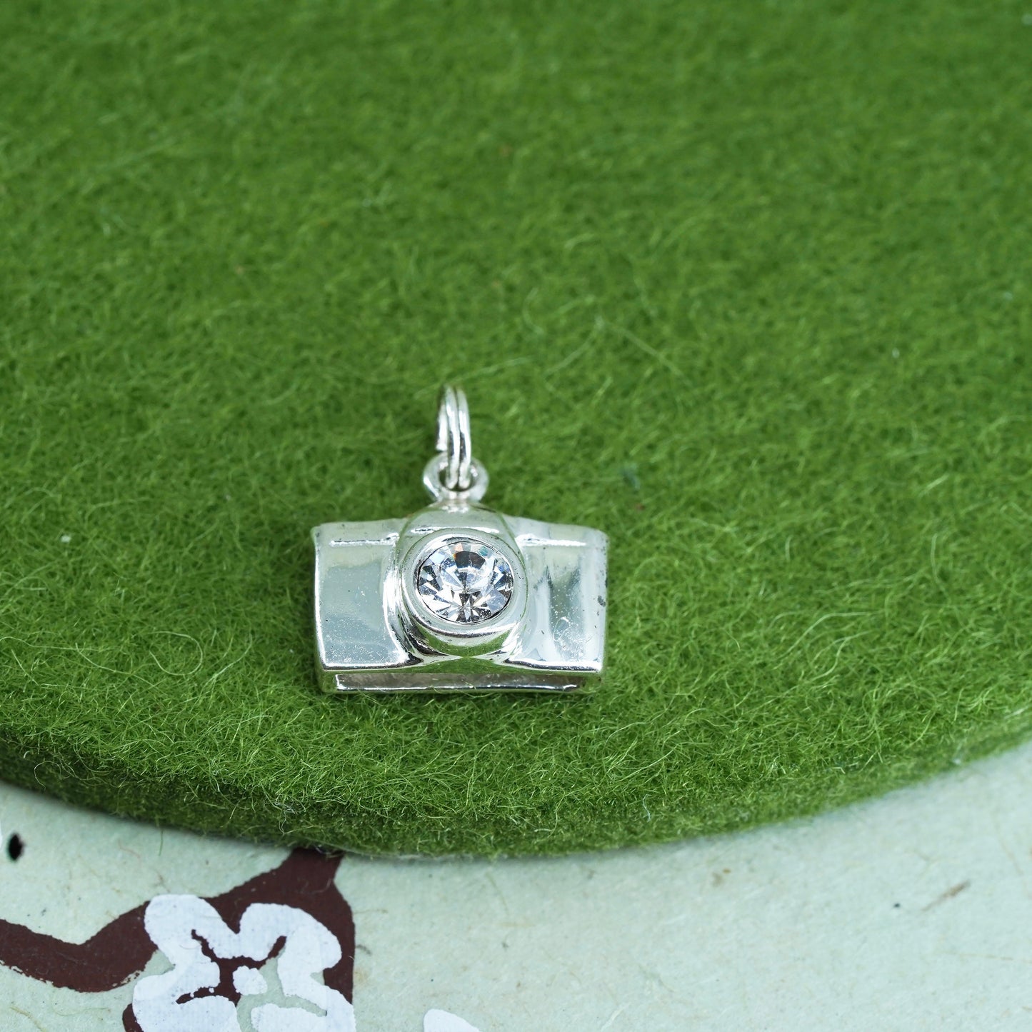 Vintage sterling silver handmade pendant, 925 old fashion camera charm with cz