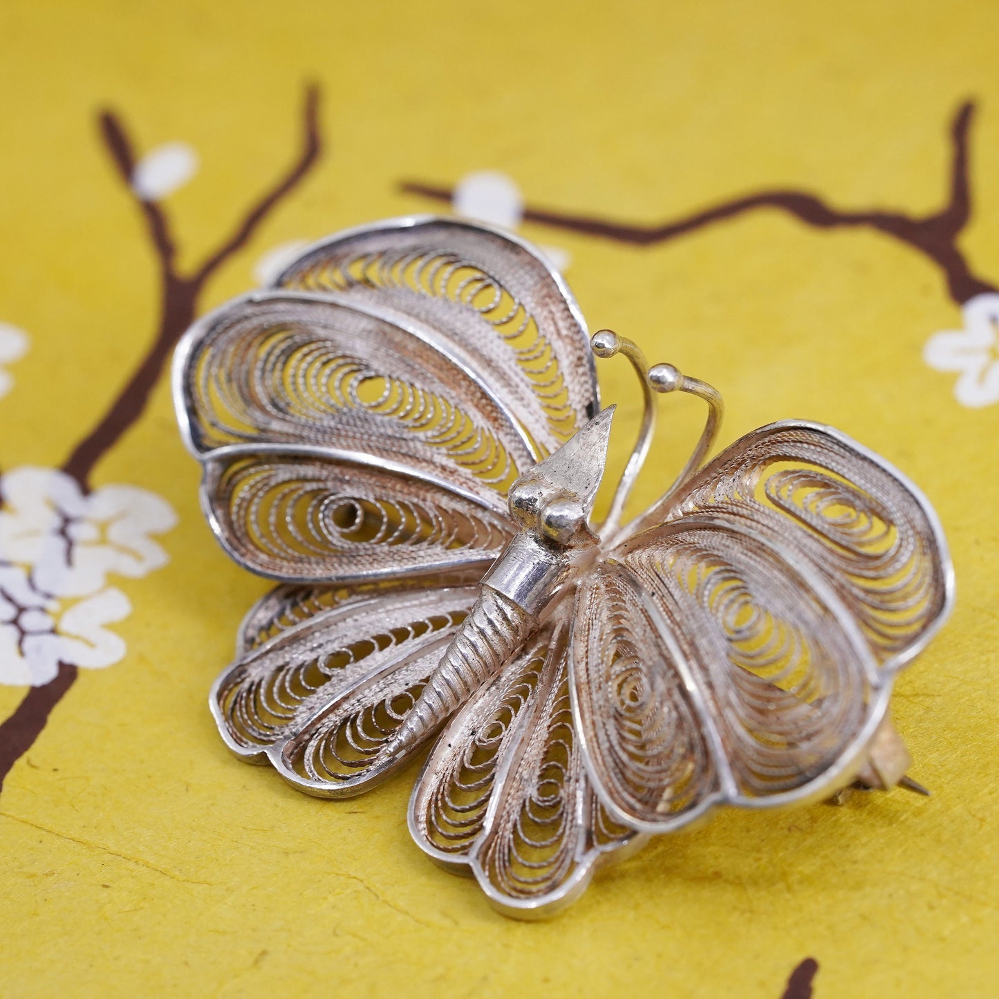 Vintage handmade sterling 925 silver filigree butterfly brooch