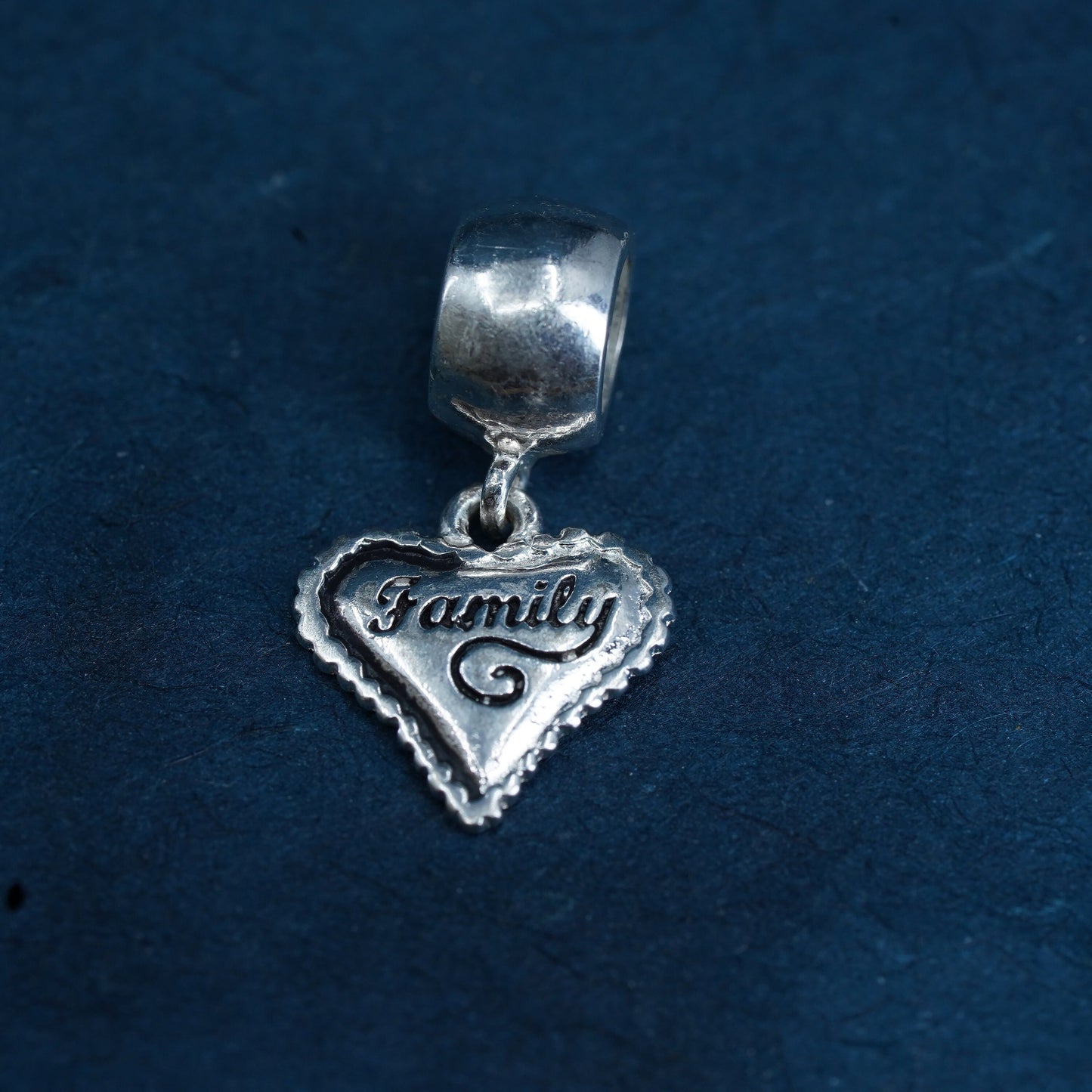 vintage Sterling silver handmade pendant, 925 heart charm embossed “Family”