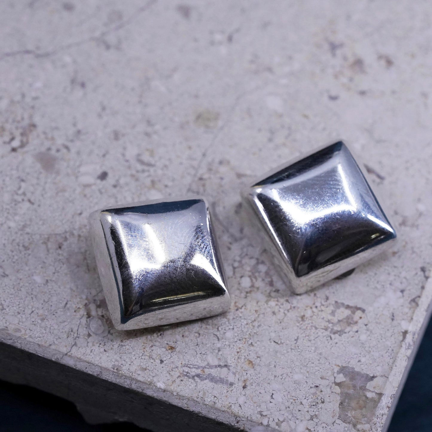 Vintage Sterling silver handmade earrings, 925 square button clip on