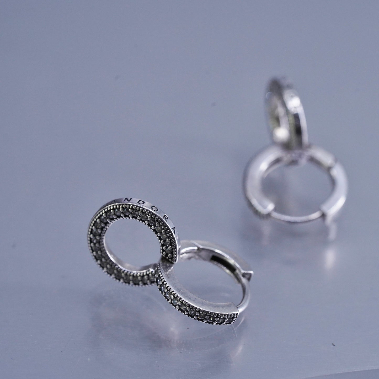 0.5”, vintage Pandora ALE Sterling silver earrings, 925 entwined hoops with cz