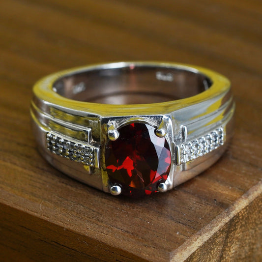 Size 10, Sterling 925 silver handmade statement ring with ruby and diamonds