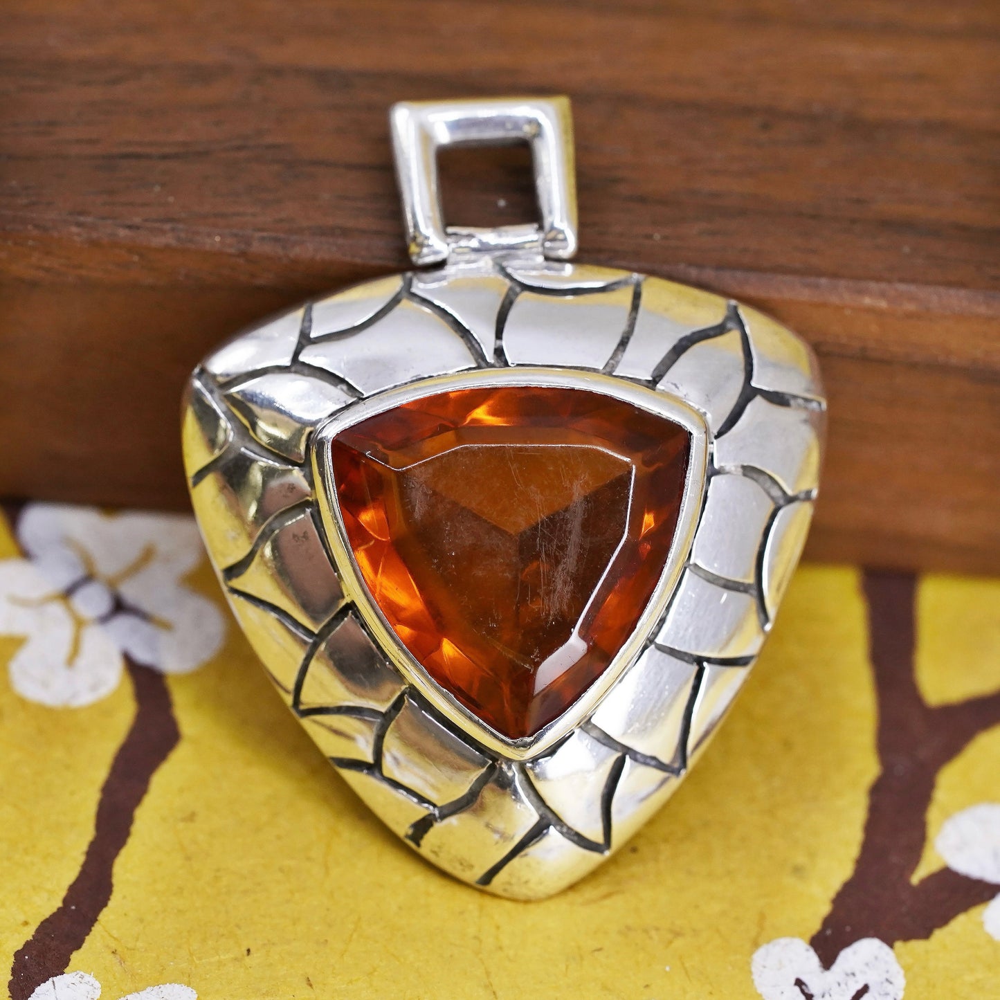 Vintage JGD sterling silver textured triangular pendant with orange crystal