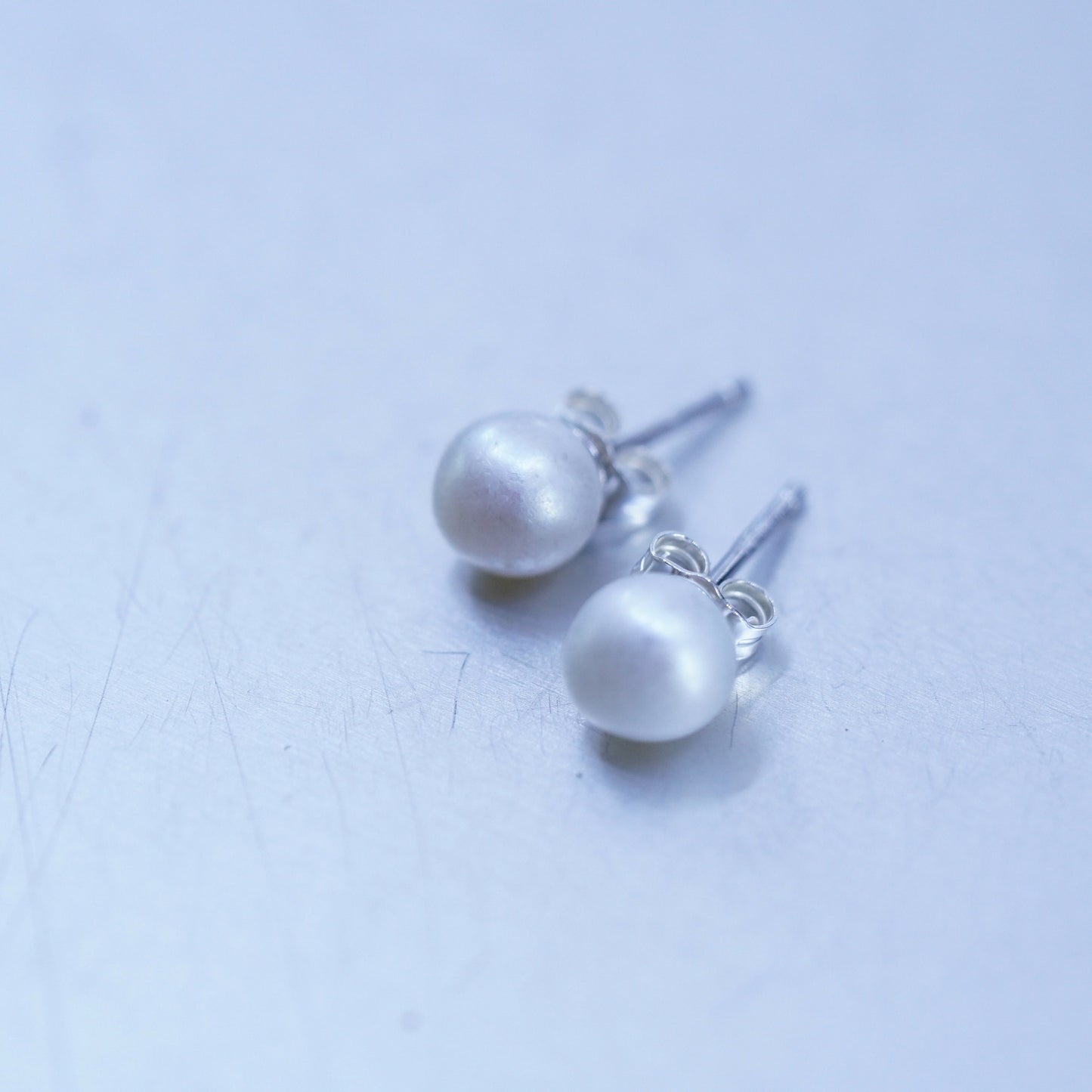 5mm, Vintage Sterling 925 silver handmade earrings, studs with pearl