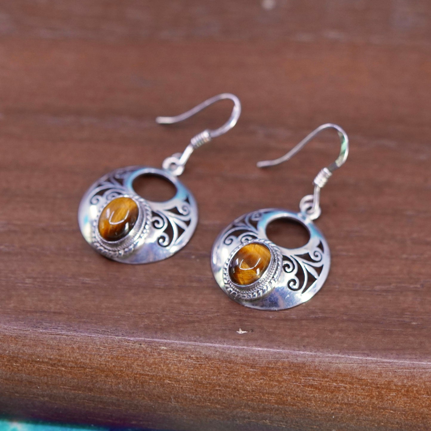 Sterling silver handmade earrings, 925 filigree circle golden tiger eye beads