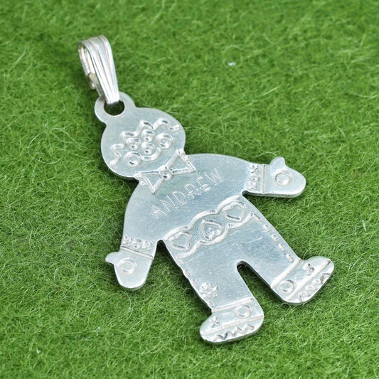 vtg sterling silver handmade pendant, 925 boy figure pendant engraved “Andrew”