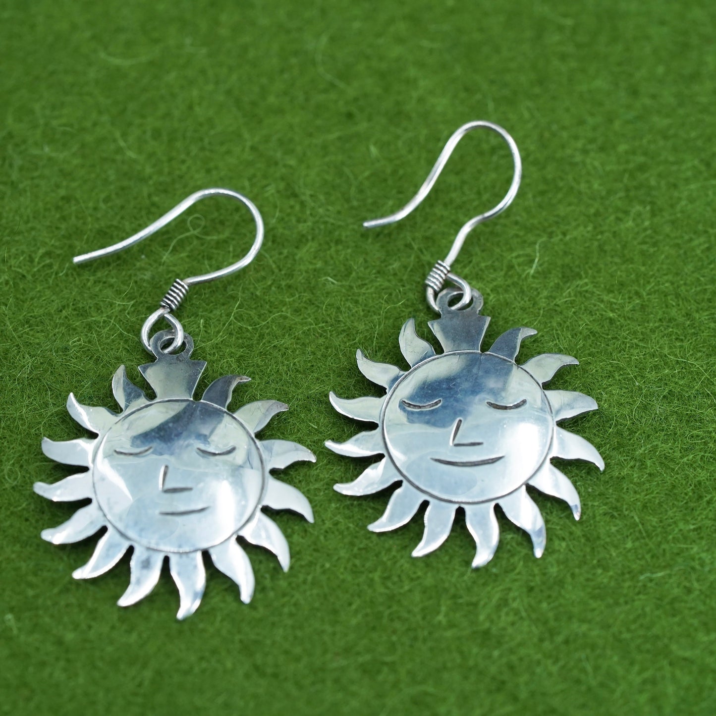 Sterling silver handmade earrings, Mexico 925 silver analog man sun face drops