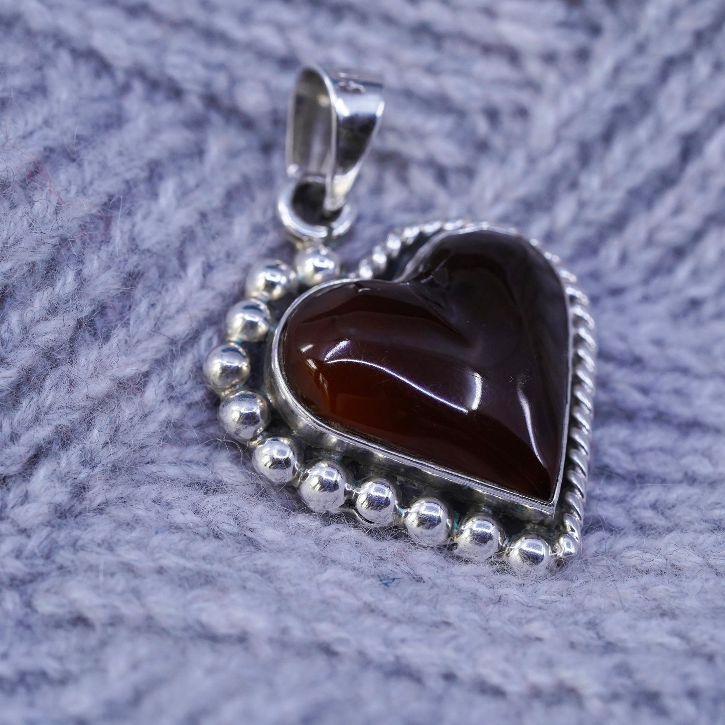 Vintage Mexican Sterling 925 silver handmade pendant with amber heart and beads