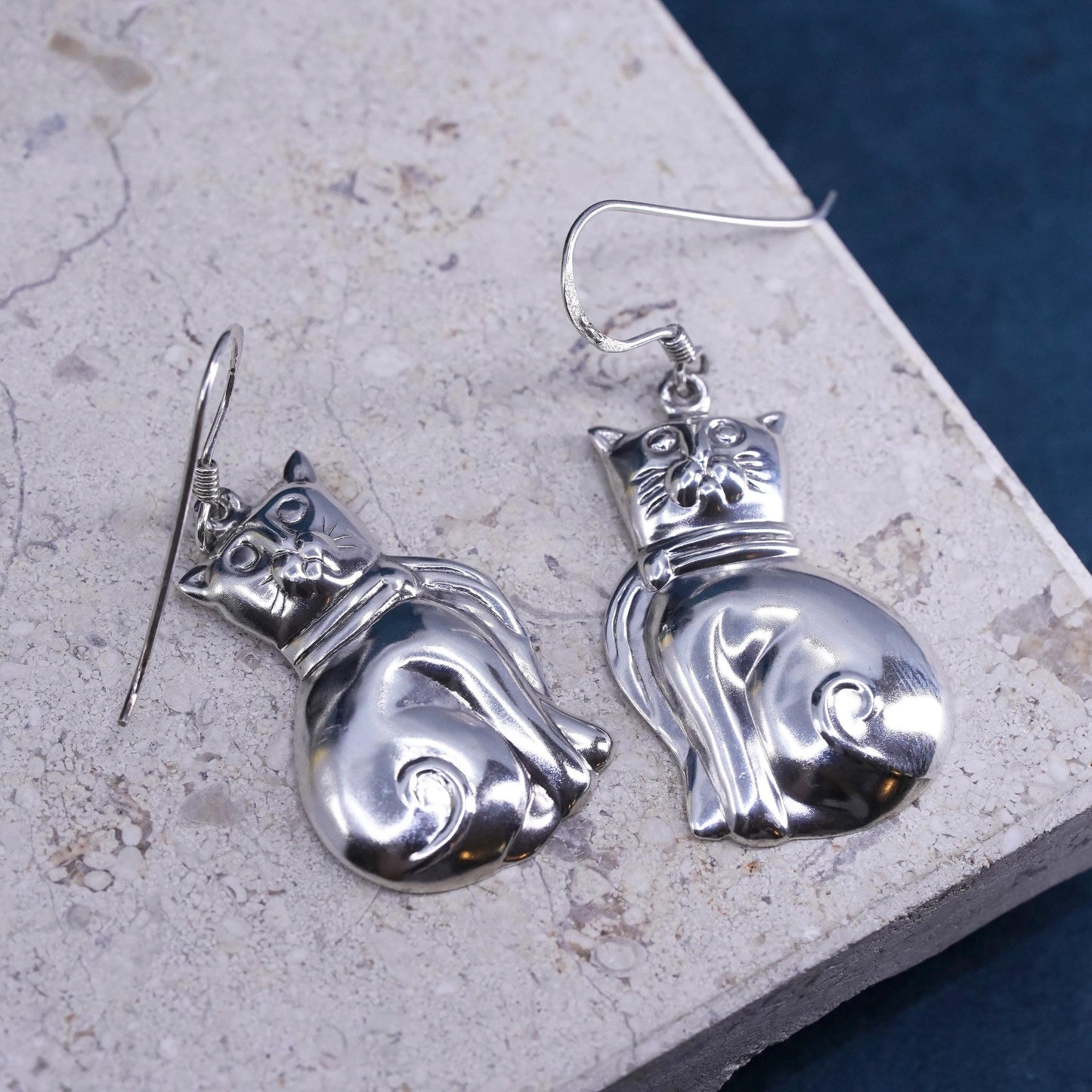 Vintage sterling silver handmade earrings, puffy 925 cat dangles