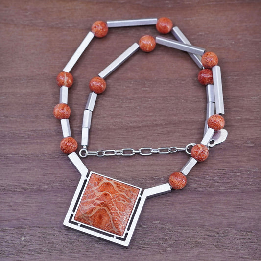 16+2”, Native American sterling silver 925 necklace, tube chain square coral