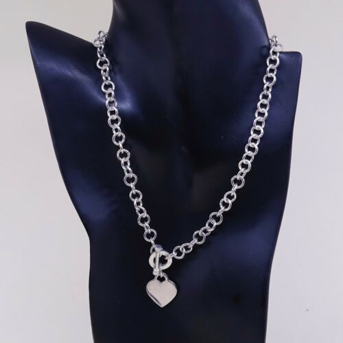 17” 9mm, Vtg 925 Sterling Silver Handmade Bold Circle chain Heart Charm necklace