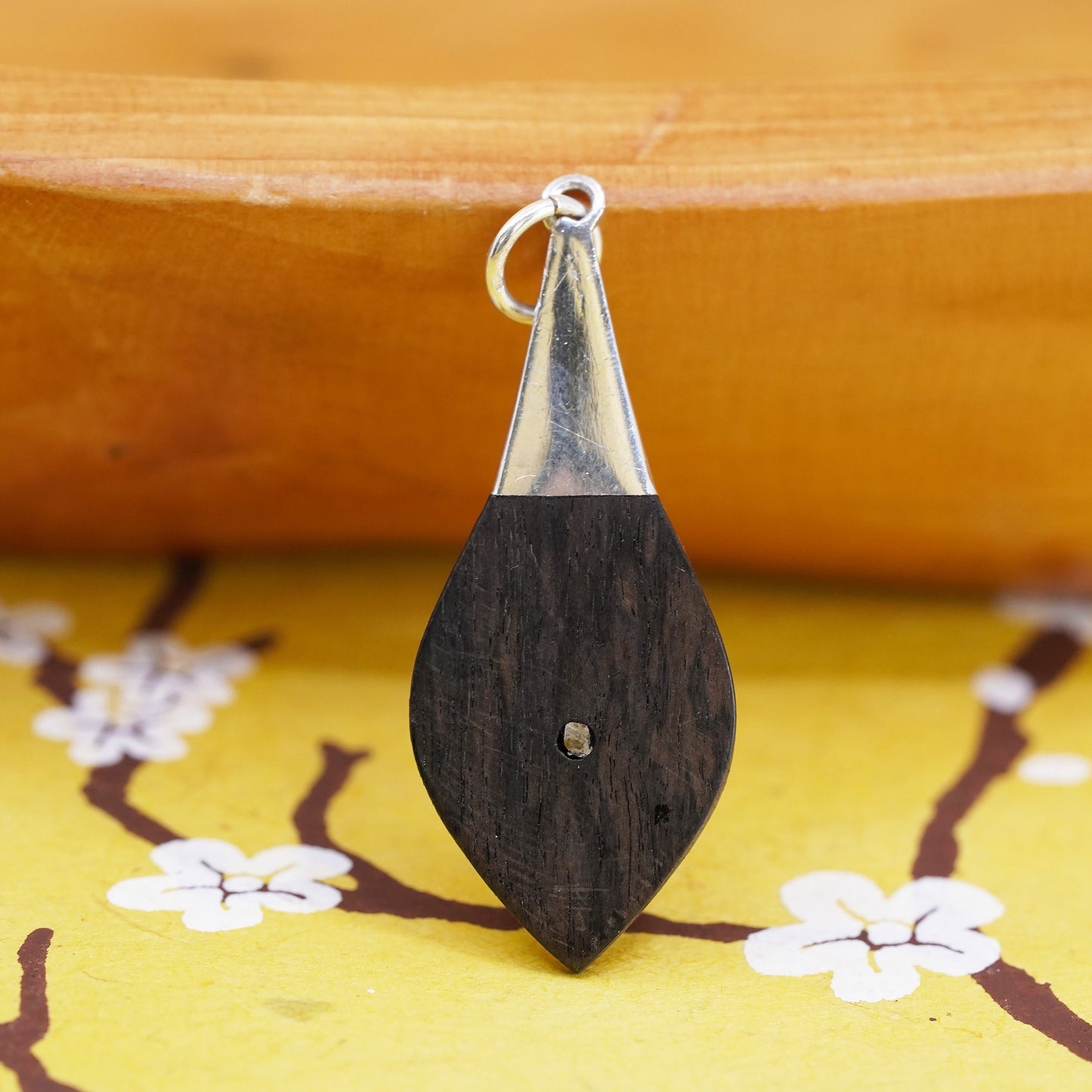 Vintage Sterling 925 silver handmade teardrop pendant with black wood