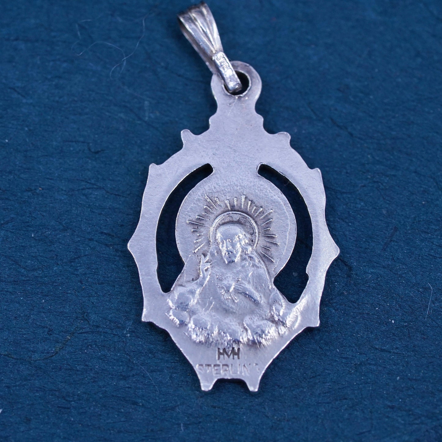 Vintage Sterling silver handmade pendant, 925 relief Jesus Virgin Mary charm