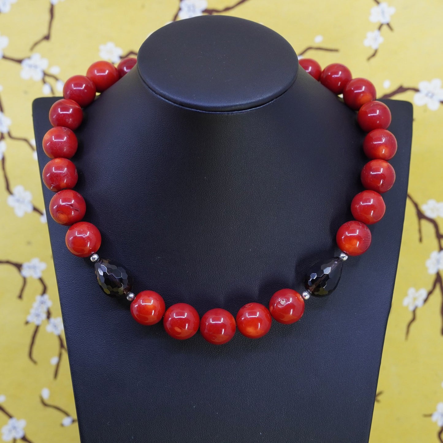 18”, huge coral beads necklace with smoky quartz and sterling 925 silver