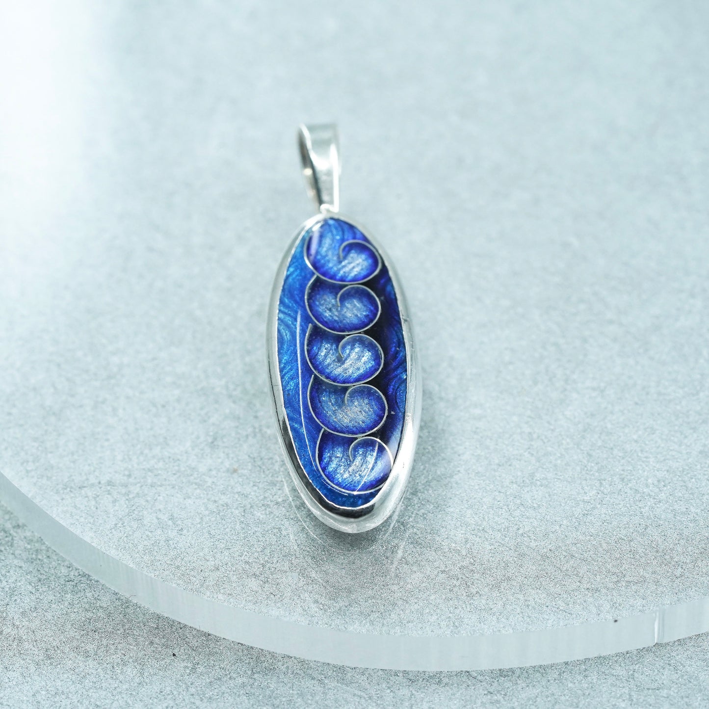 Vintage sterling 925 silver handmade blue enamel tag pendant