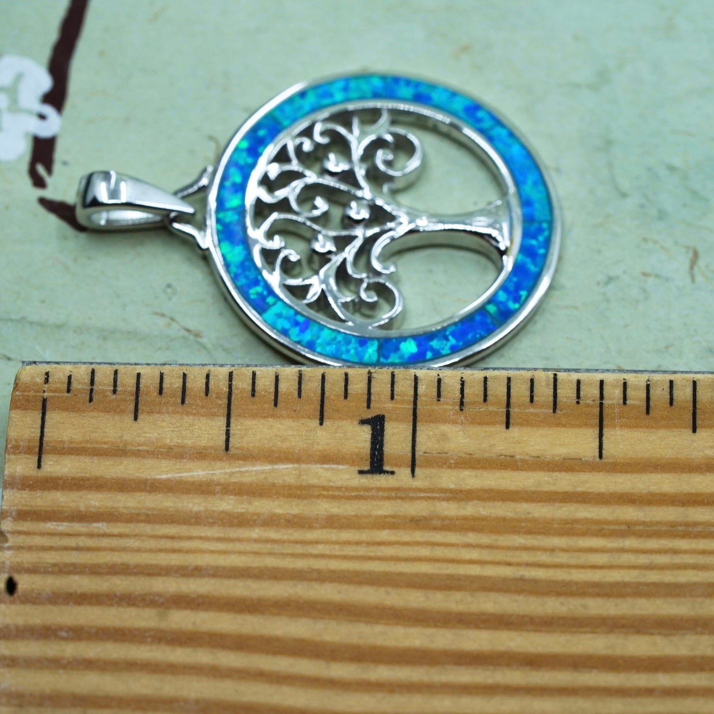 Vintage sterling silver handmade pendant, 925 family tree tag charm with opal