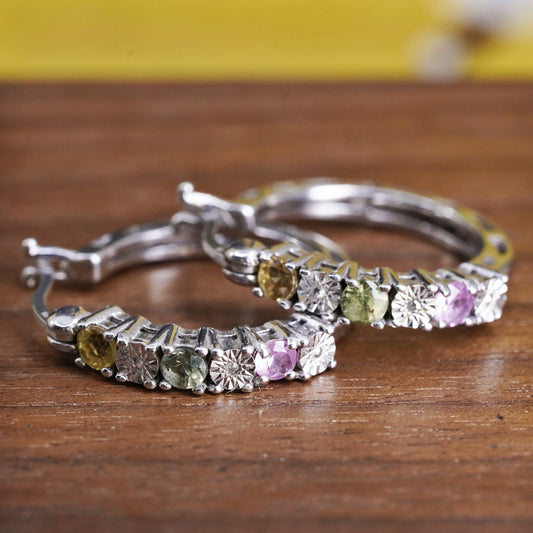 0.75", Sterling silver earrings, 925 hoops, huggie diamond citrine amethyst