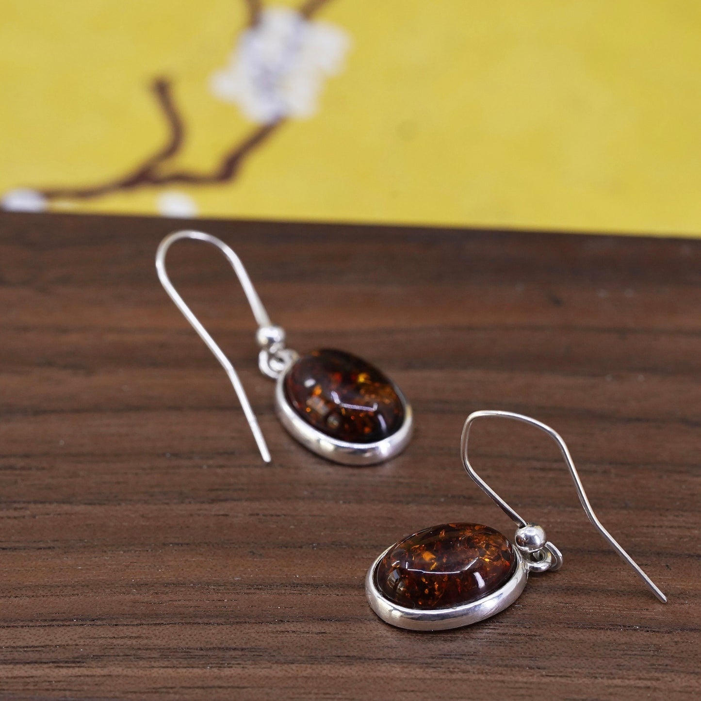 Vintage Sterling 925 silver handmade earrings with oval Amber