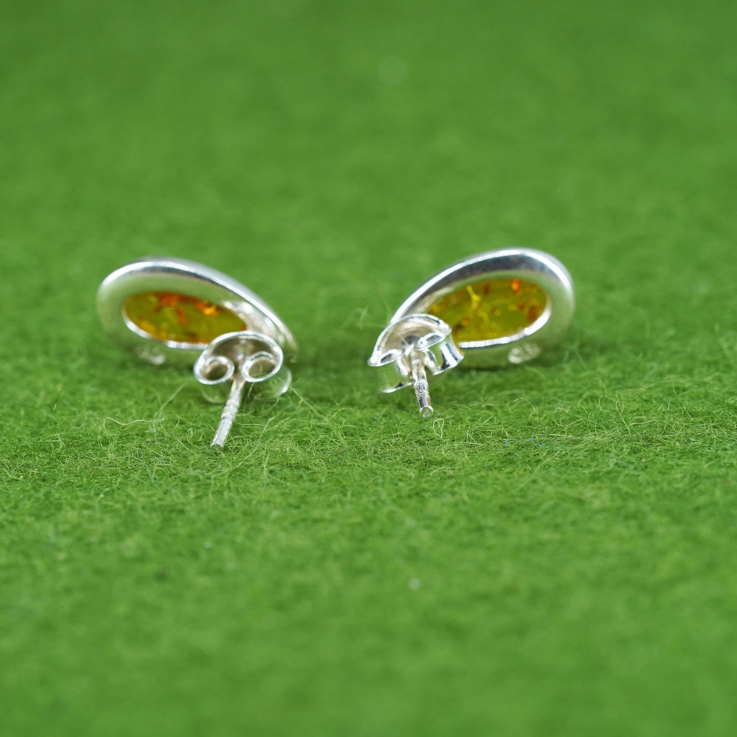 Vintage Sterling 925 silver handmade earrings with oval Amber studs