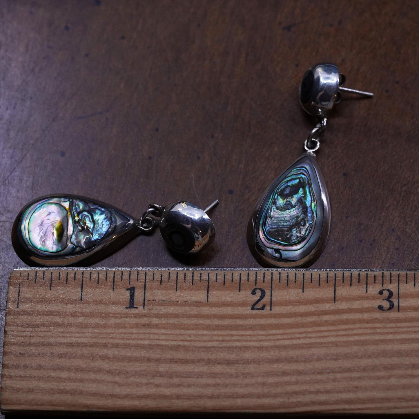 Vintage Mexican Sterling 925 silver handmade teardrop earrings with abalone