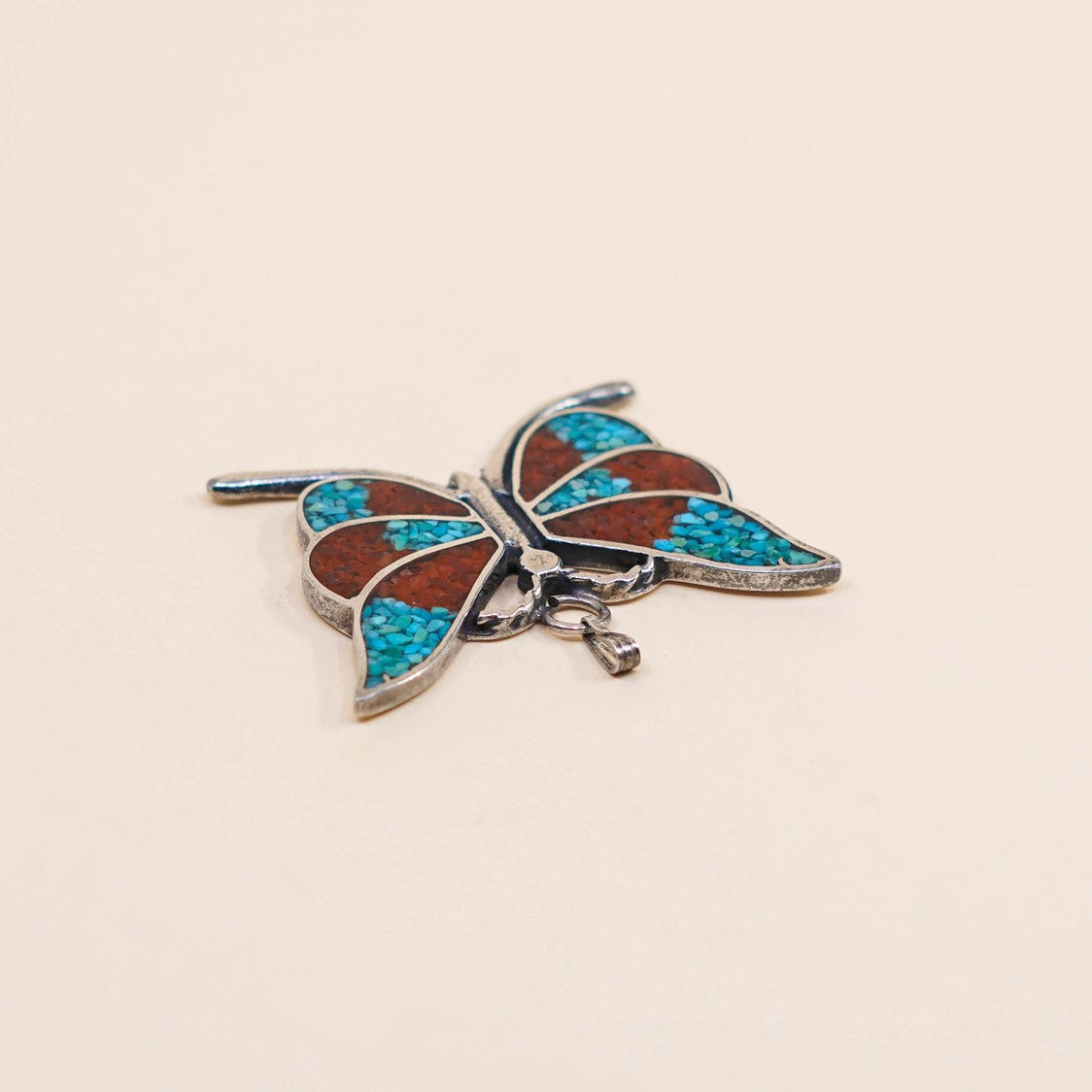 VTG sterling silver pendant, Native American 925 butterfly w/ turquoise n coral