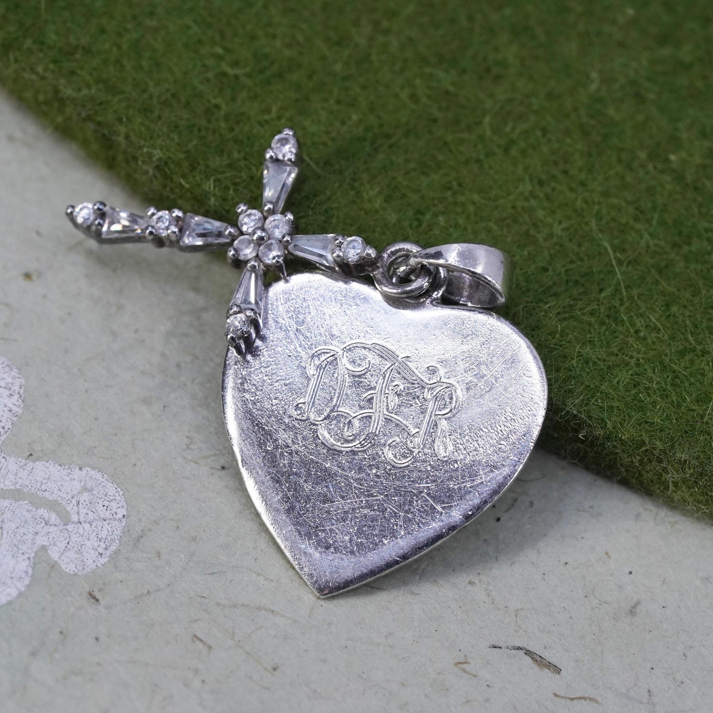 Vintage handmade Sterling silver pendant, 925 cz cross heart tag monogram “DRF”