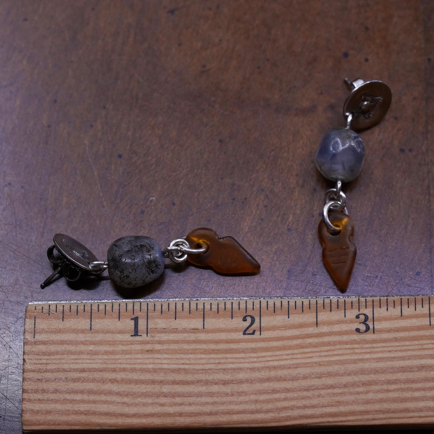 Sterling silver earrings, 925 studs with rutilated quartz amber arrow dangles