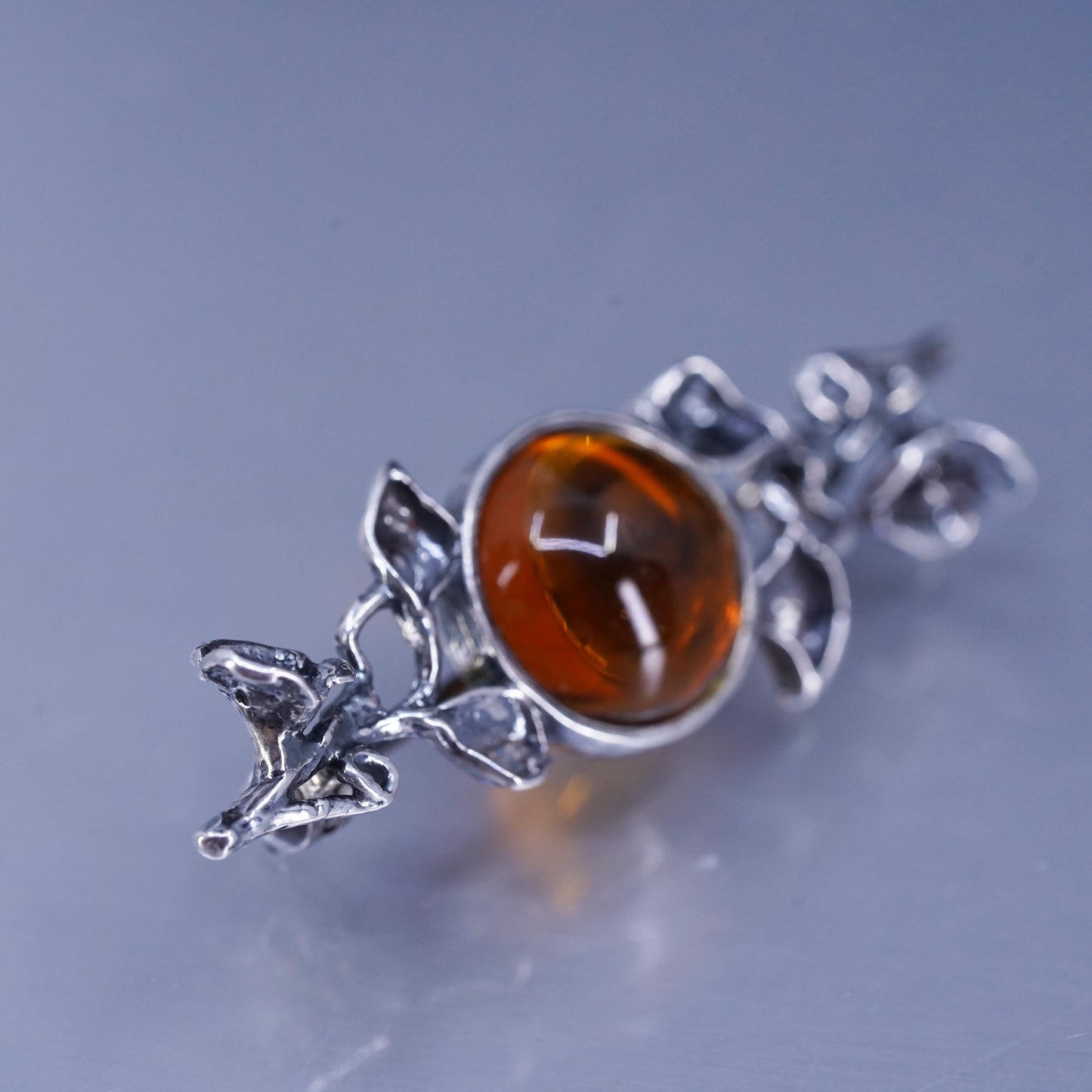 Vintage Sterling 925 silver handmade brooch, leaves vine pin with amber