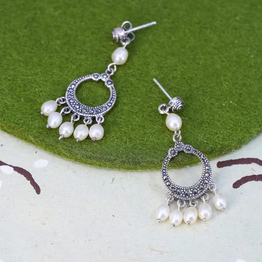 Vintage sterling 925 silver handmade earrings with marcasite and pearl beads