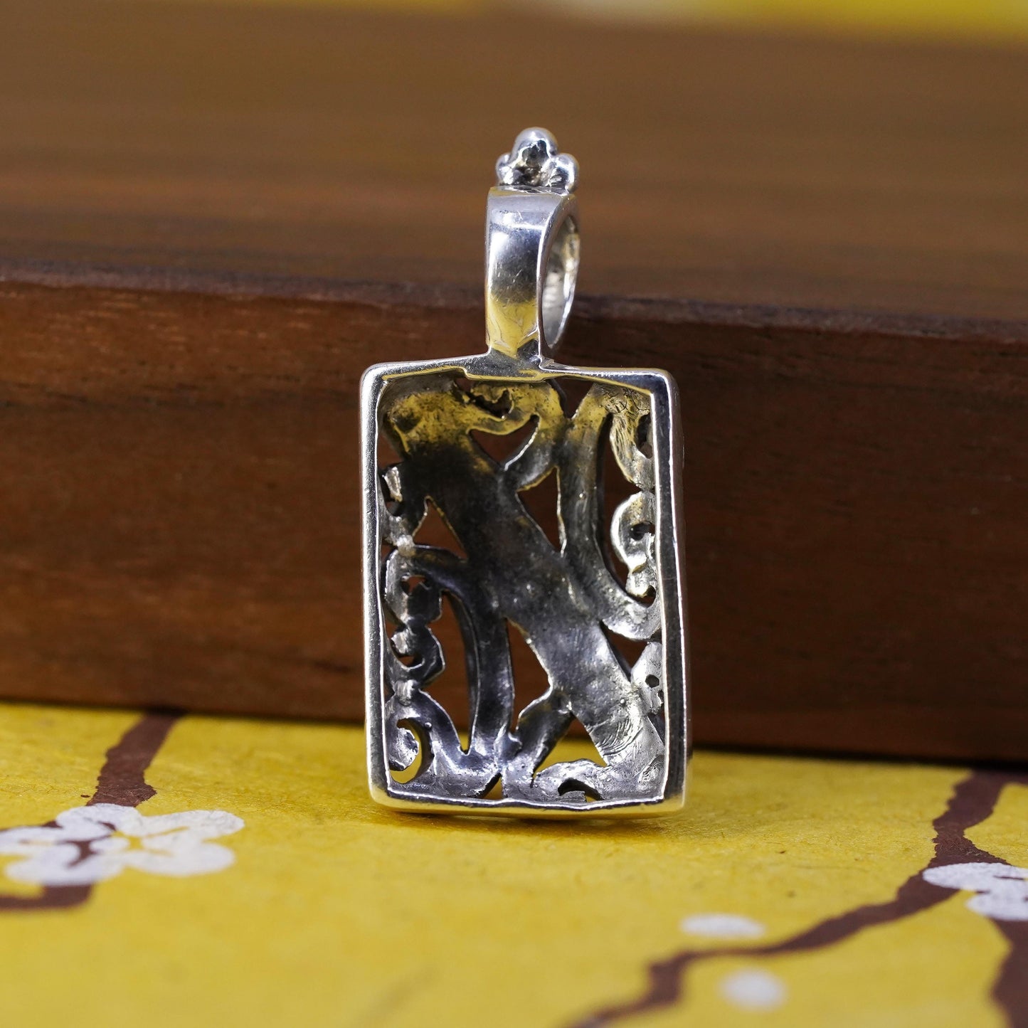 Vintage Sterling 925 silver handmade pendant, filigree rectangular pendant