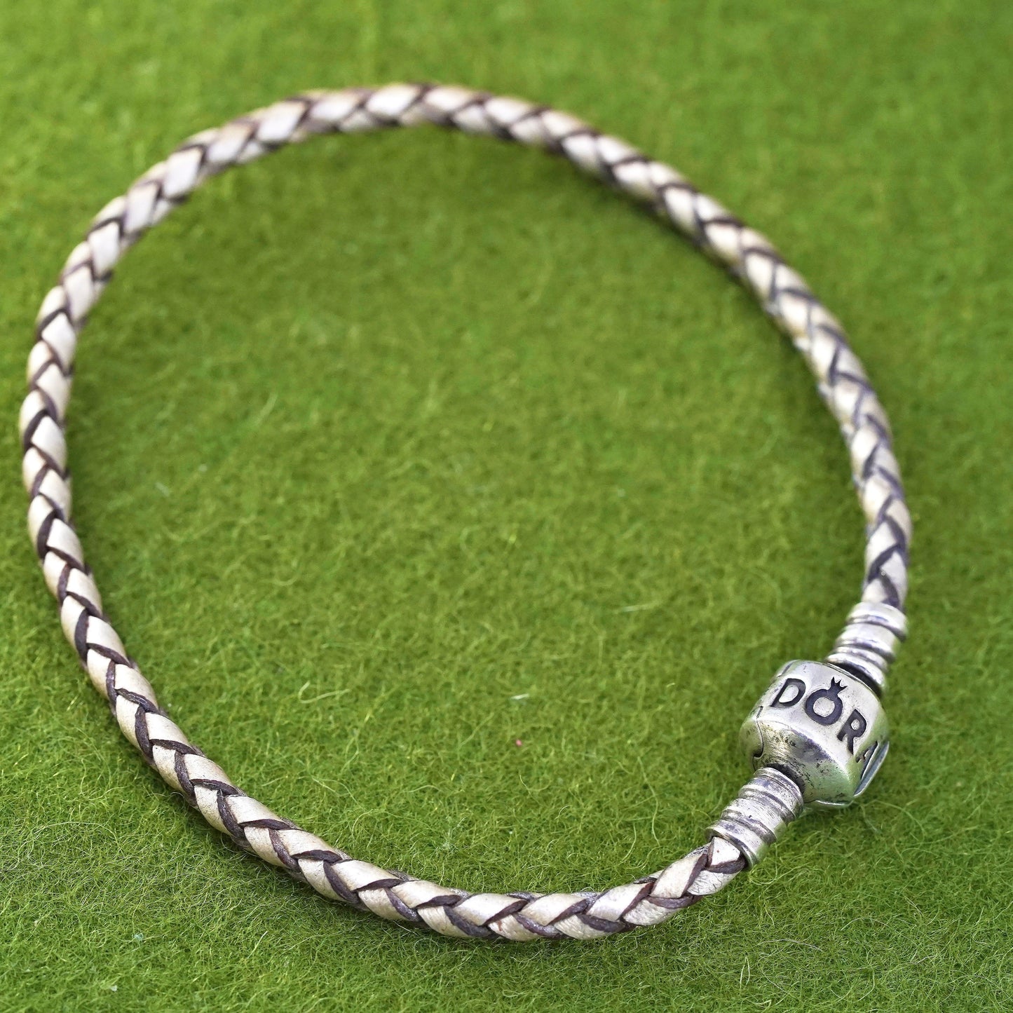 7.25", VTG Pandora woven leather chain, 925 sterling silver closure bracelet
