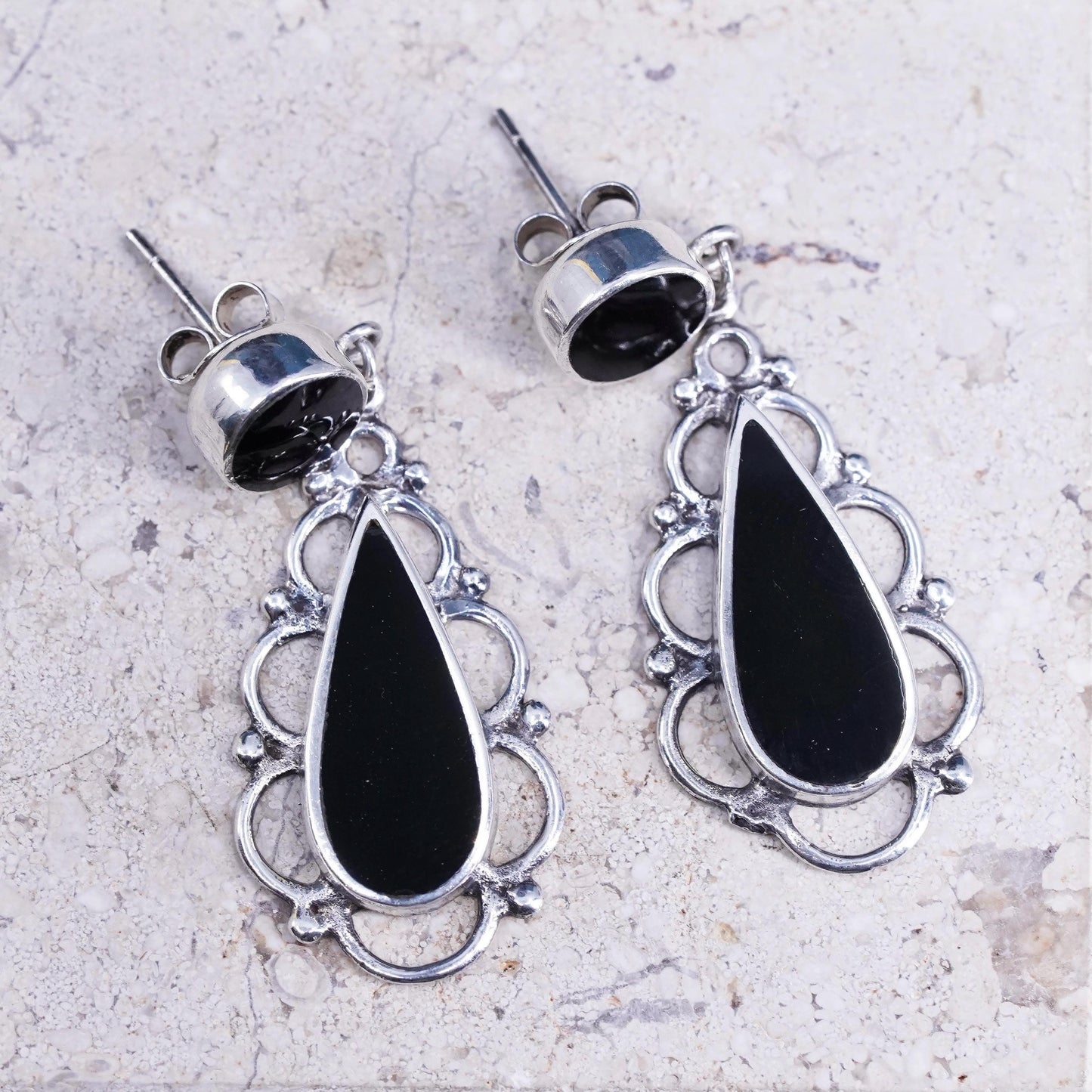 Vintage Sterling Silver 925 handmade earrings with teardrop Black Onyx