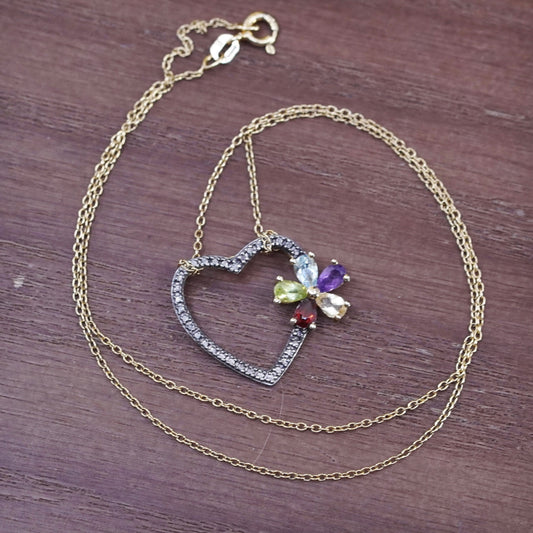 18”, vermeil gold over Sterling silver necklace, 925 chain heart pendant flower