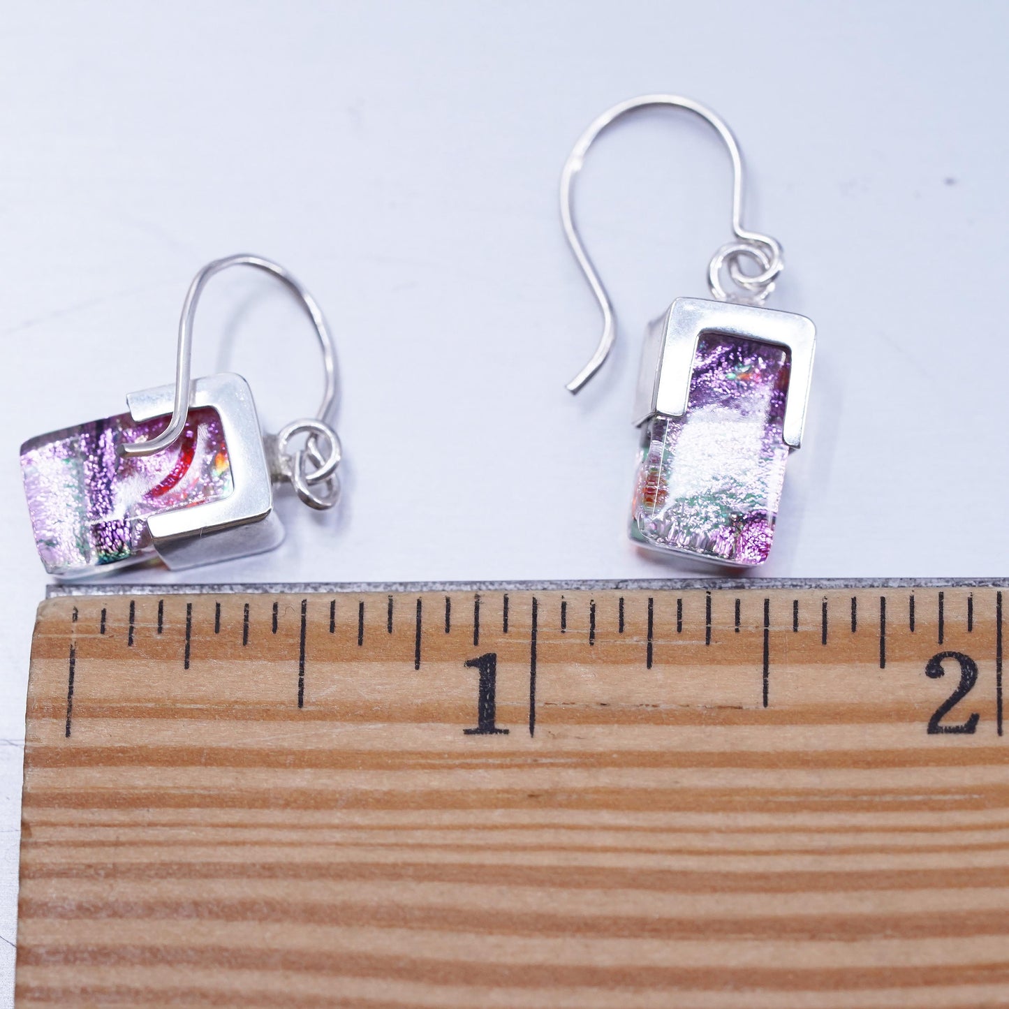 Vintage RG Sterling 925 silver handmade earrings with pink Dichroic Glass