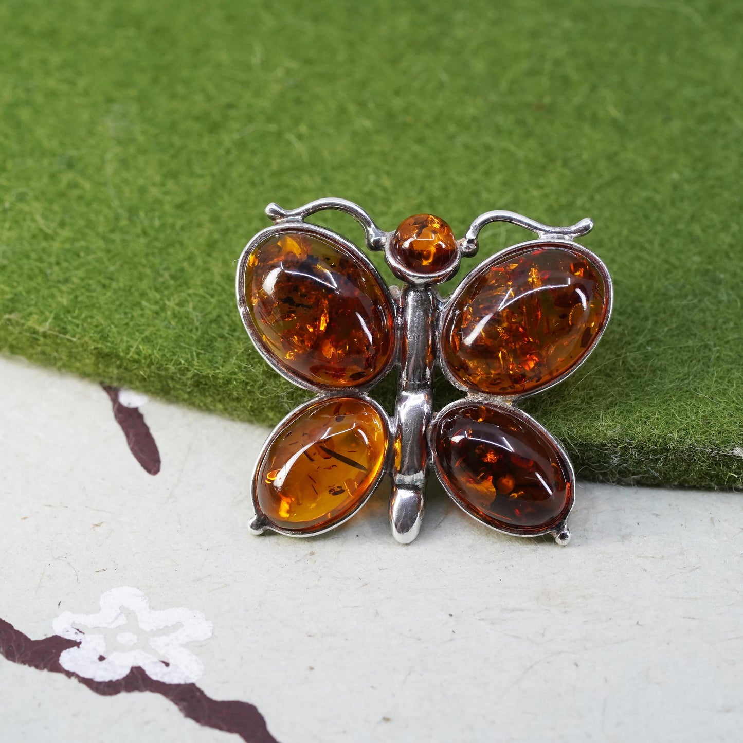 Vintage Sterling 925 silver handmade butterfly pendant with amber