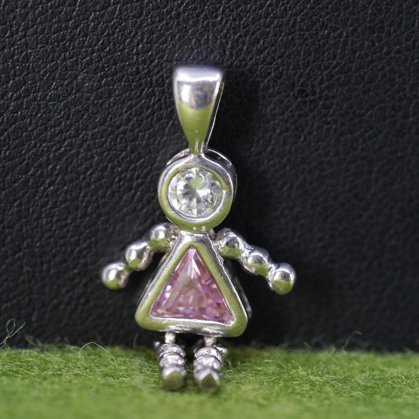 Vintage sterling 925 silver birthstone pendant pink crystal girl figure charm