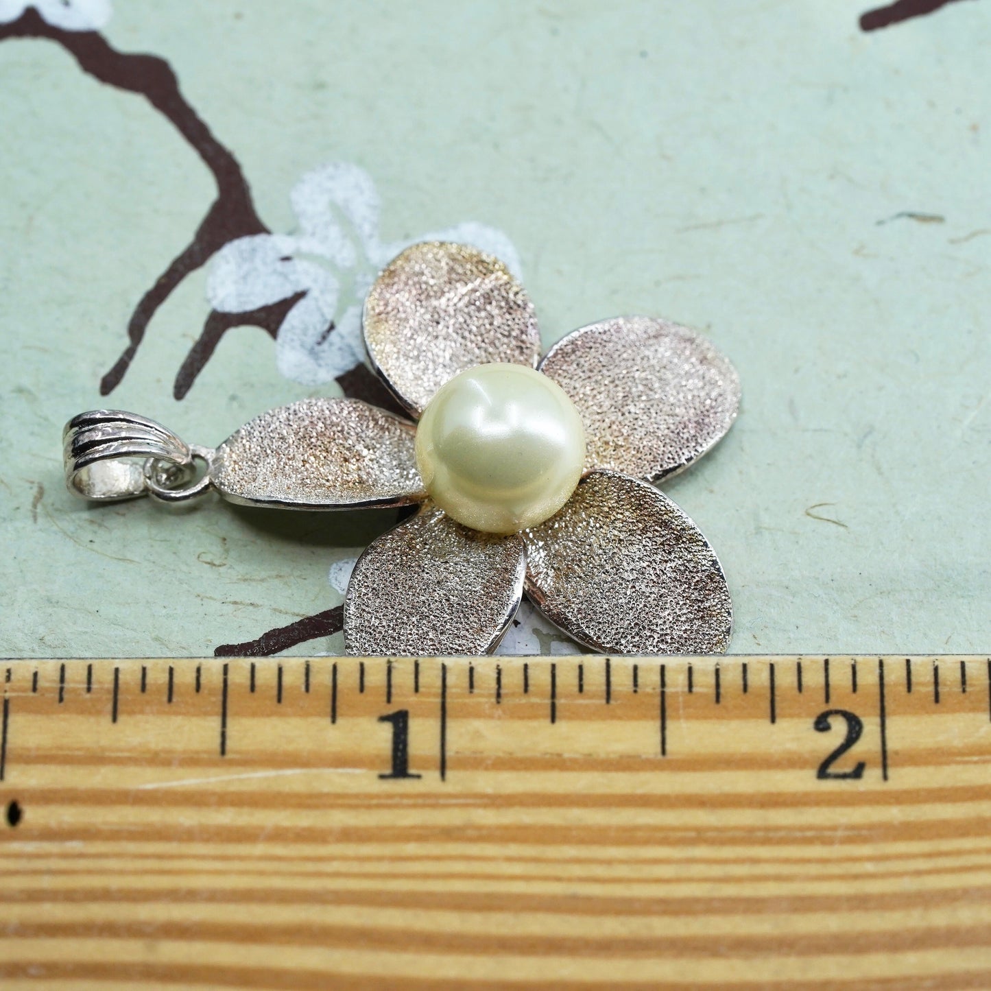 Sterling silver handmade pendant, glittering 925 plumeria flower charm pearl