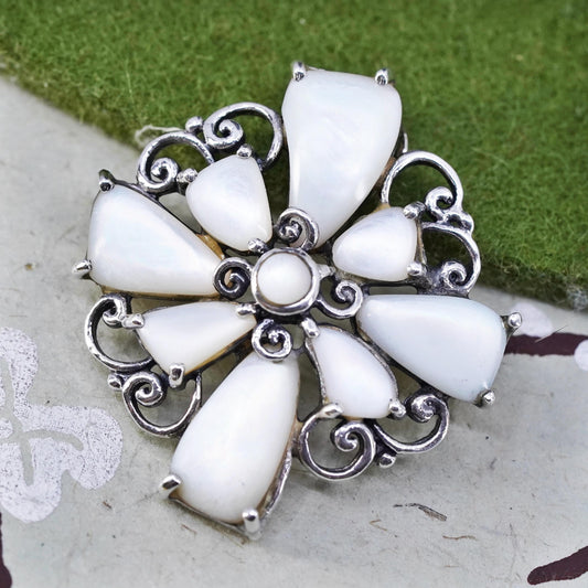 vintage sterling silver handmade pendant, 925 flower with mother of pearl