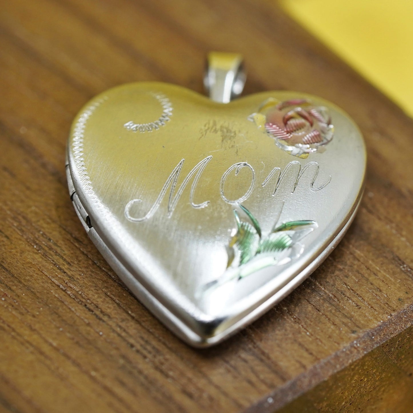 Vintage Sterling silver handmade pendant, 925 heart photo locket engraved mom